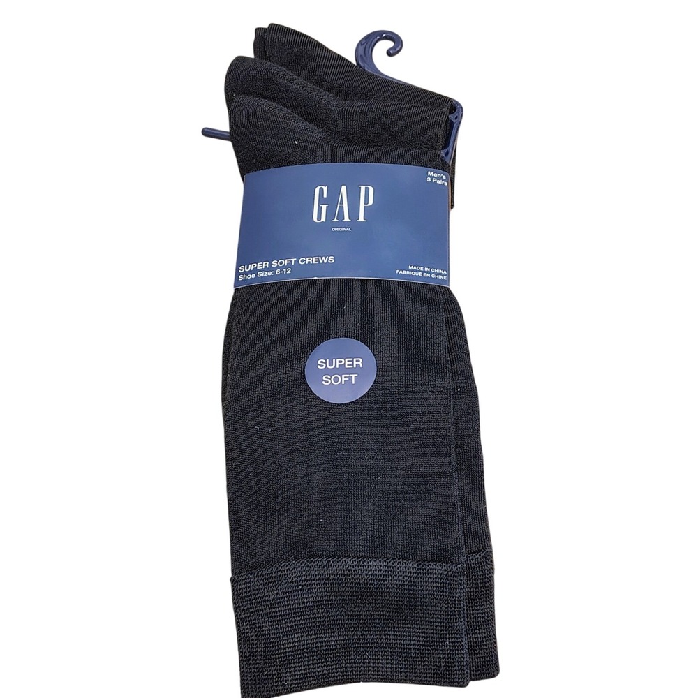 GAP Mens 3 Pairs Super Soft‎ Crews Black Socks Shoe Size 6-12 NEW in Package